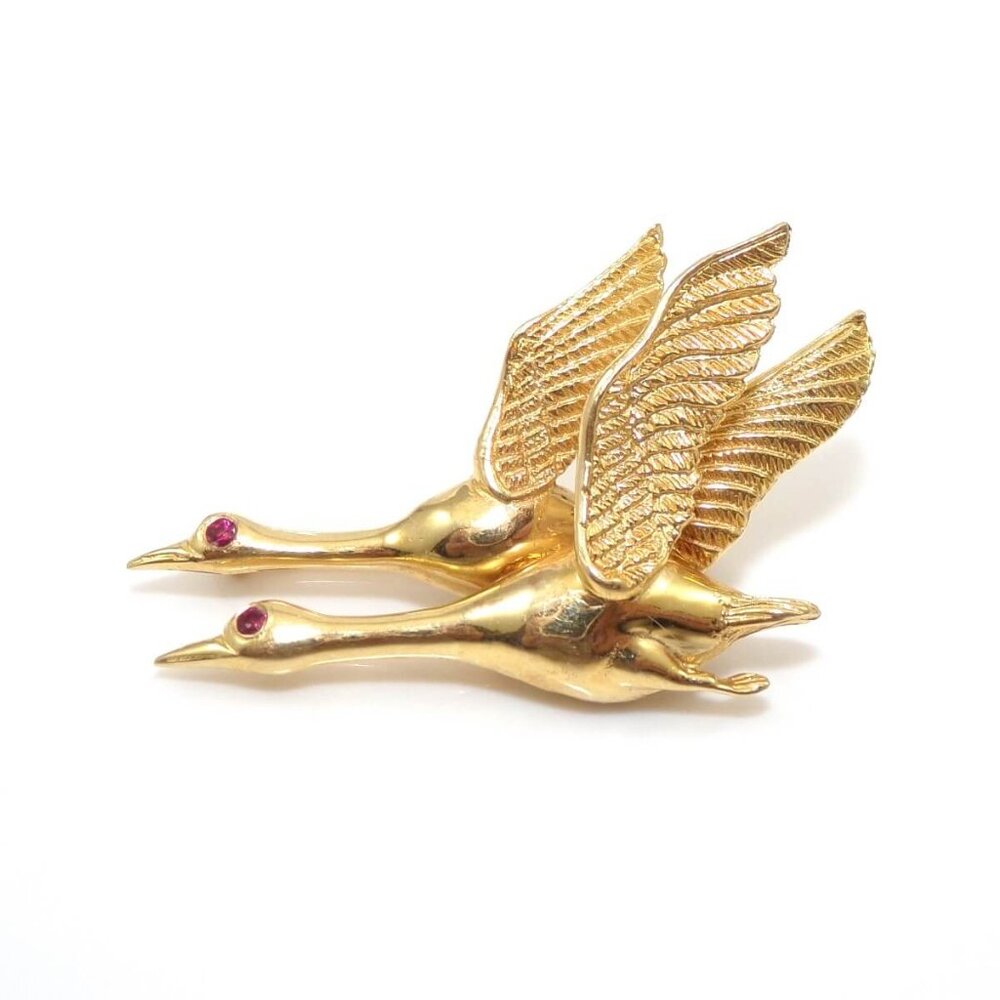 14K Yellow Gold Natural Ruby Goose Geese Pin Brooch